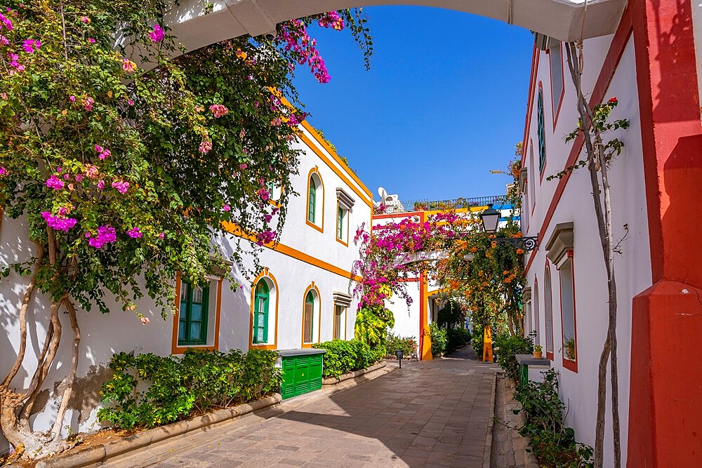 View of colourful buildings and flowers in the old town, Puerto de Mogan, Gran Canaria, Canary Islands, Spain, Atlantic, Europe