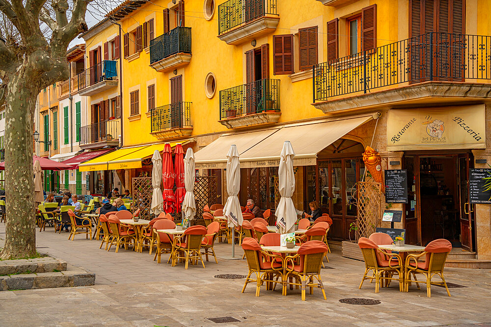 View of cafe and bar in old town Arta, Arta, Majorca, Balearic Islands, Spain, Mediterranean, Europe