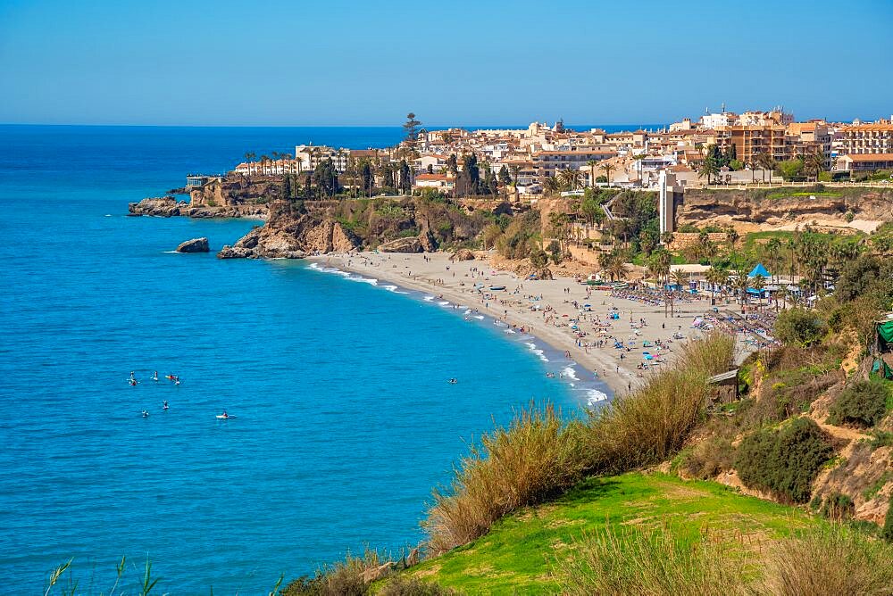 View of Playa de Burriana Beach, town and Mediterranean Sea, Nerja, Costa del Sol, Malaga Province, Andalusia, Spain, Europe