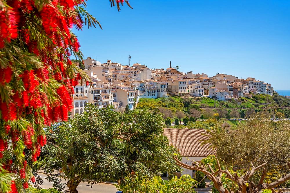 Panoramic view of white washed houses, rooftops and Mediterranean Sea, Frigiliana, Malaga Province, Andalucia, Spain, Europe