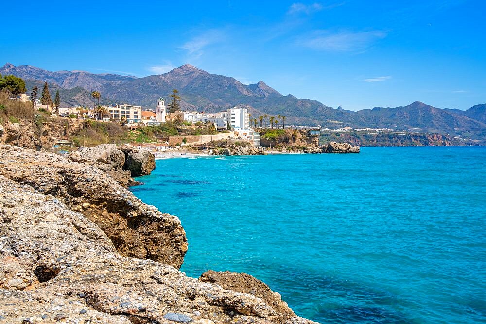 View of Parroquia El Salvador and coast in Nerja, Nerja, Malaga Province, Andalucia, Spain, Europe