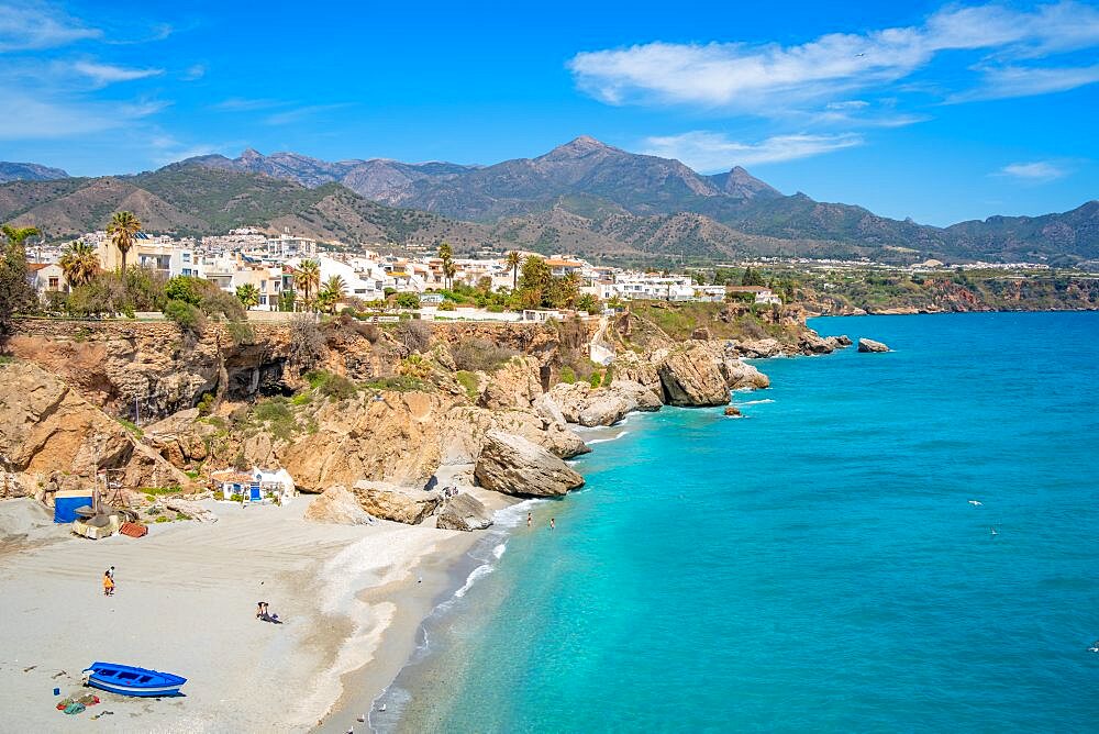 View of Playa de Calahonda beach and coastline in Nerja, Costa del Sol, Malaga Province, Andalusia, Spain, Europe