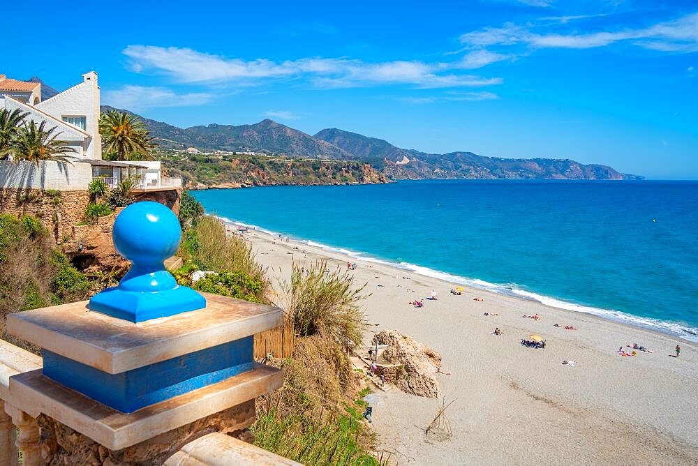 View of Playa de Burriana beach and coastline in Nerja, Costa del Sol, Malaga Province, Andalusia, Spain, Europe