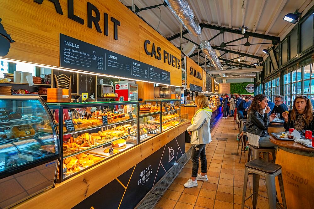 View of Tapas in food court of the Mercat des Peix, Mahón (Mao), Memorca, Balearic Islands, Spain, Europe