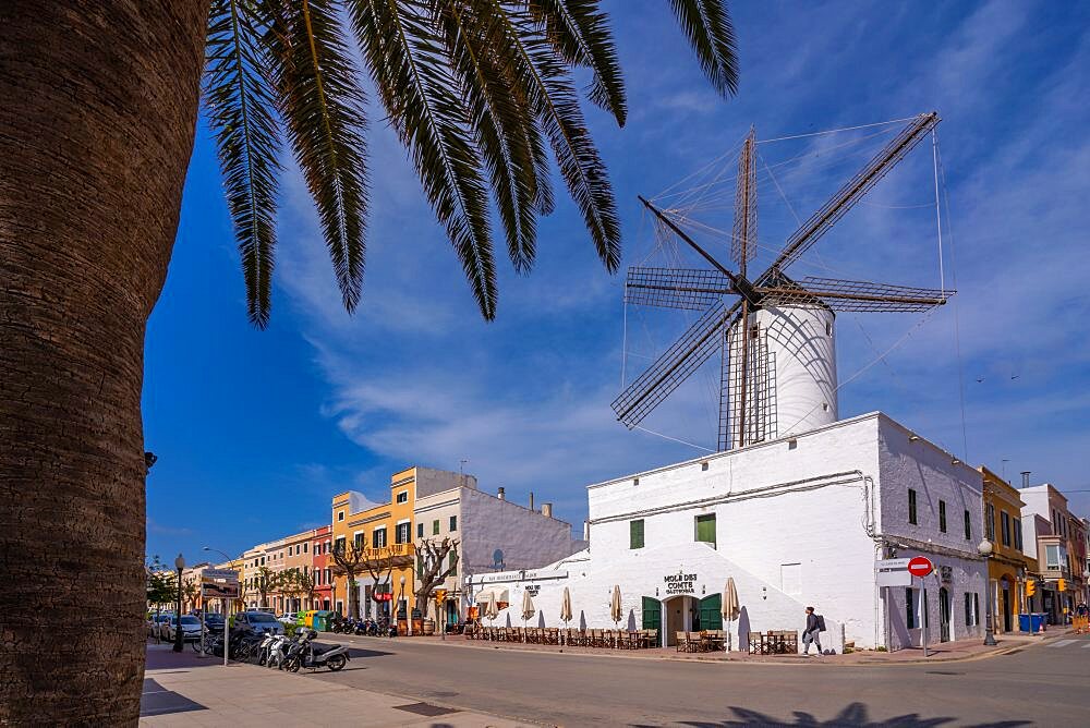 View of windmill and restaurant in historic centre, Ciutadella, Memorca, Balearic Islands, Spain, Europe