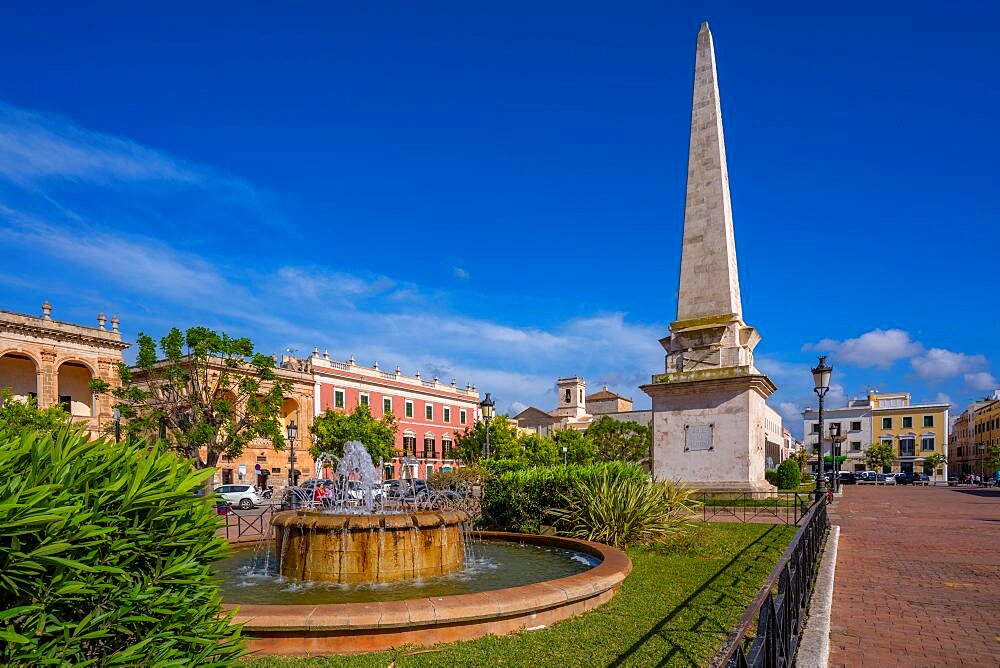 View of the Obelisc de Ciutadella in Placa des Born, Ciutadella, Memorca, Balearic Islands, Spain, Europe