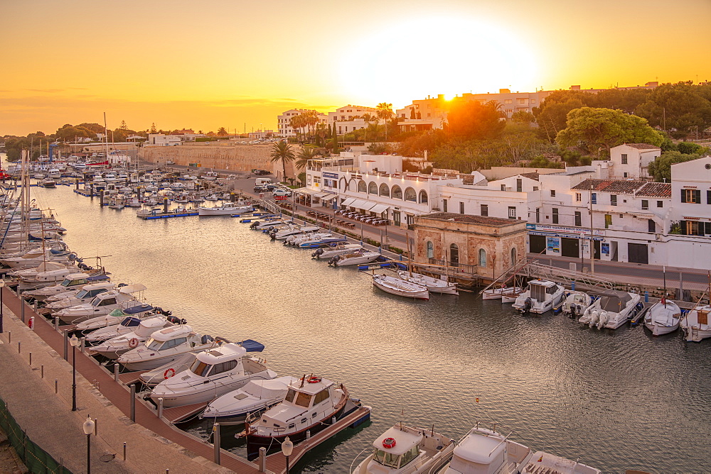 View of marina at sunset from elevated position, Ciutadella, Menorca, Balearic Islands, Spain, Mediterranean, Europe