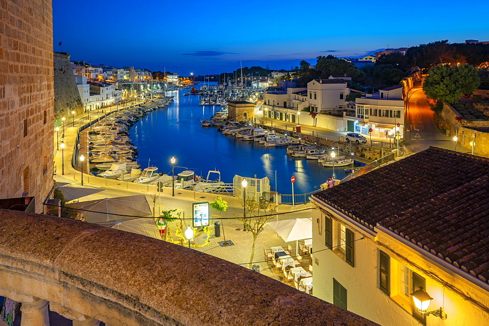 View of marina at dusk from elevated position, Ciutadella, Menorca, Balearic Islands, Spain, Mediterranean, Europe