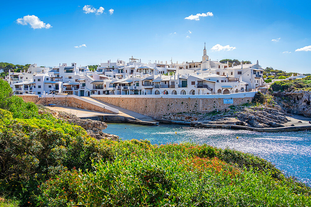 View of whitewashed houses and Mediterranean Sea, Binibequer Vell, Menorca, Balearic Islands, Spain, Mediterranean, Europe