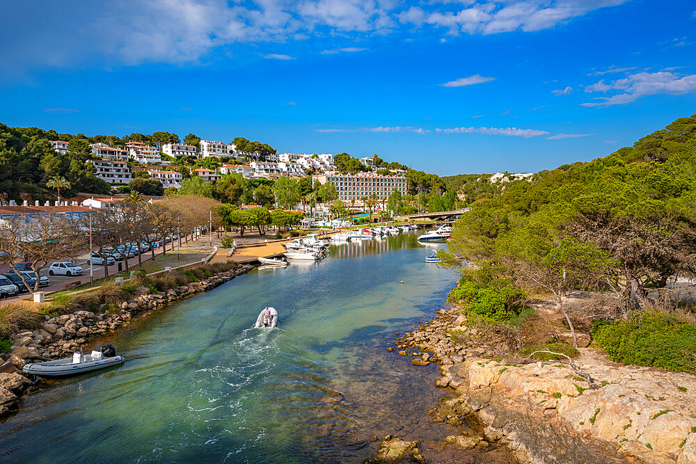 View of hotels overlooking boats at marina in Cala Galdana, Cala Galdana, Menorca, Balearic Islands, Spain, Mediterranean, Europe