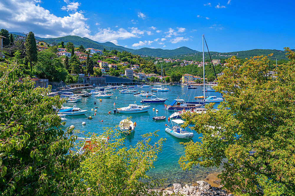 View of boats in the harbour at Ika, Ika, Kvarner Bay, Eastern Istria, Croatia, Europe