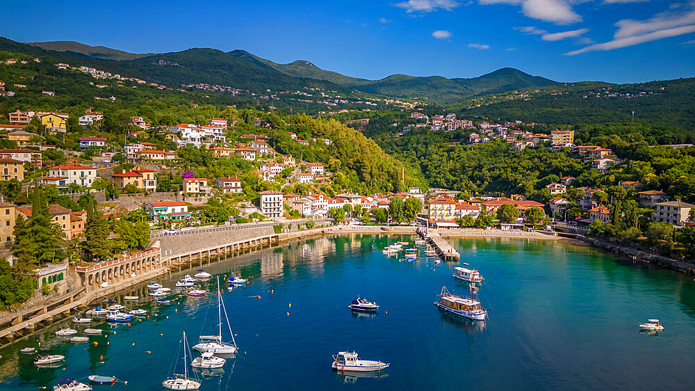 Aerial view of boats in the harbour at Ika, Ika, Kvarner Bay, Eastern Istria, Croatia, Europe