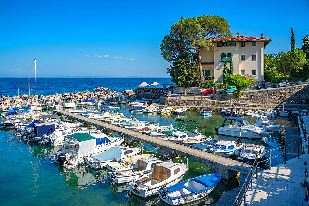 View of boats in the marina and Adriatic Sea at Icici, Icici, Kvarner Bay, Croatia, Europe