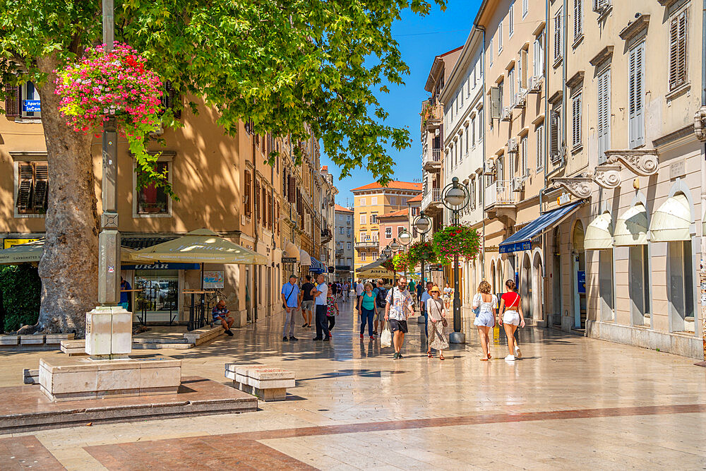 View of shops, people and ornate architecture on the Korzo, Rijeka, Kvarner Bay, Croatia, Europe