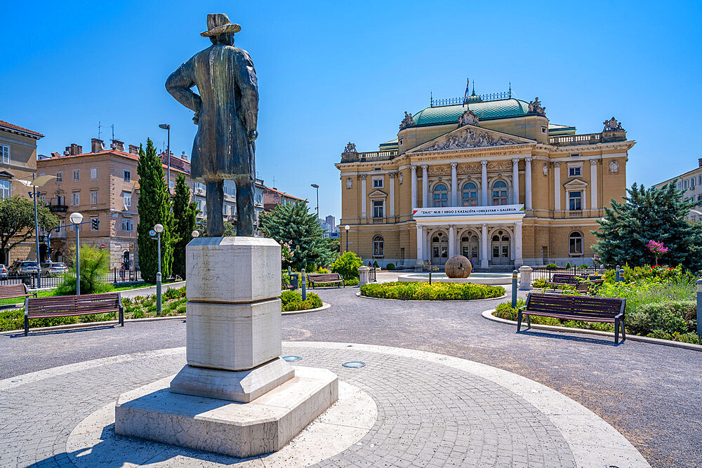 View of Ivan Zajc statue in Theatre Park and Croatian National Theatre, Rijeka, Kvarner Bay, Croatia, Europe