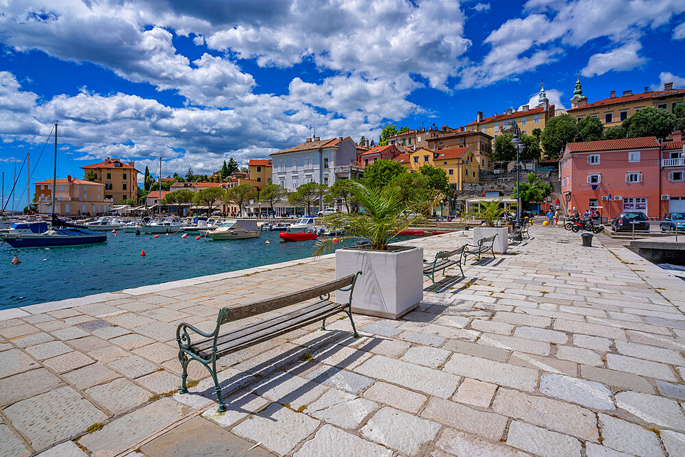 View of hotels and church overlooking marina at Volosko, Kvarner Bay, Eastern Istria, Croatia, Europe