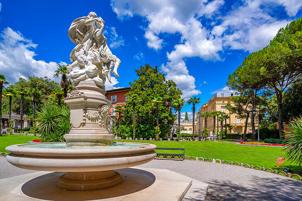 View of Helios and Selena fountain in Perivoj Sv. Jakova Park in Opatija, Kvarner Bay, Eastern Istria, Croatia, Europe