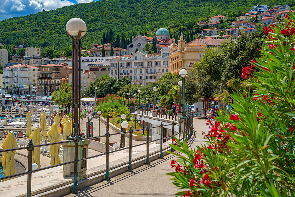 View of church and hotels overlooking promenade in Opatija, Kvarner Bay, Eastern Istria, Croatia, Europe