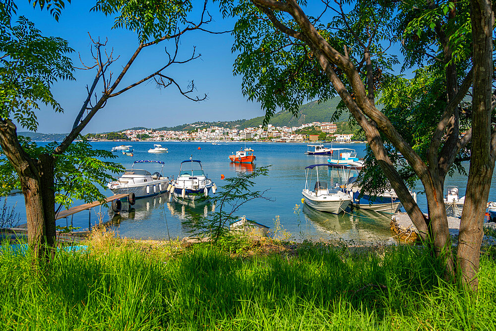 View of boats and Skiathos Town, Skiathos Island, Sporades Islands, Greek Islands, Greece, Europe