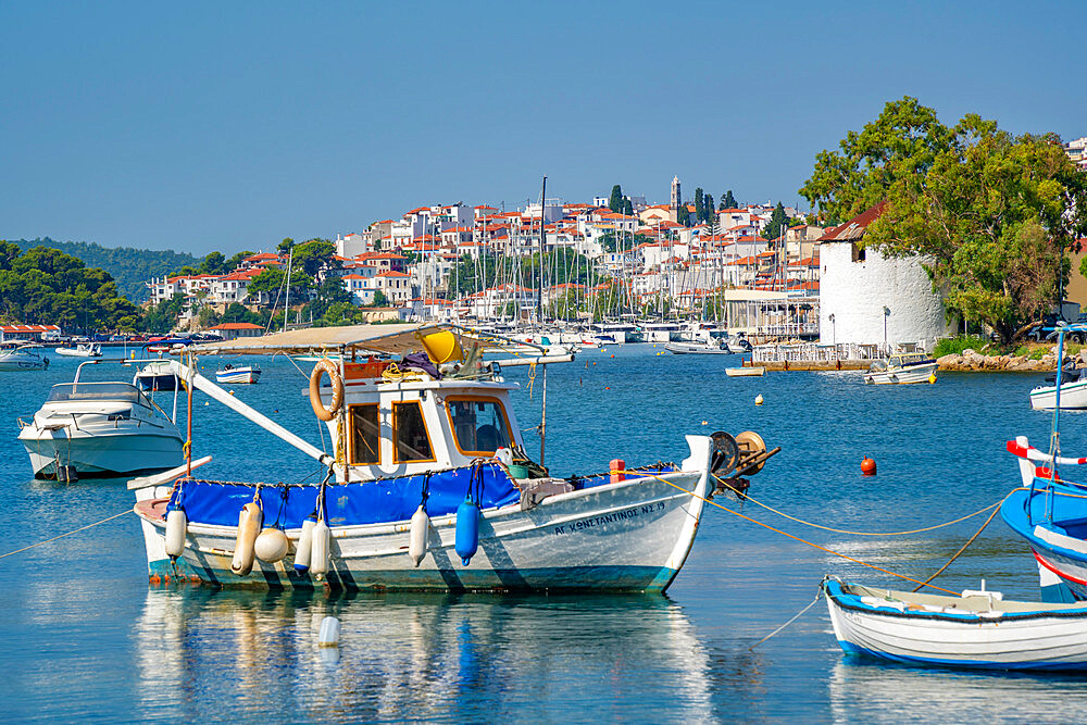 View of boats and Skiathos Town, Skiathos Island, Sporades Islands, Greek Islands, Greece, Europe