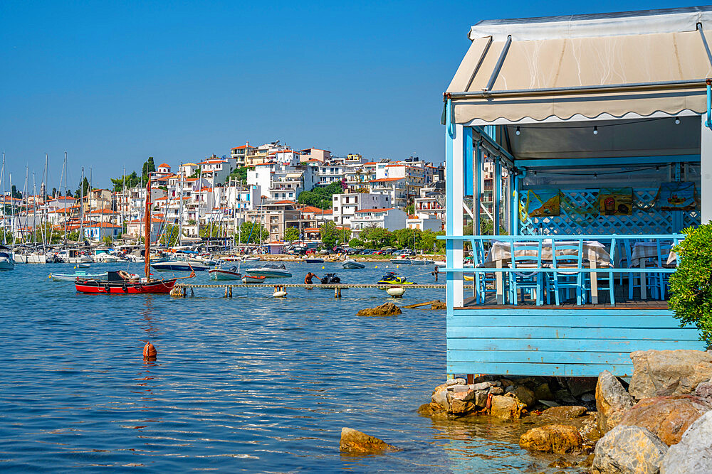 View of boats and Skiathos Town, Skiathos Island, Sporades Islands, Greek Islands, Greece, Europe