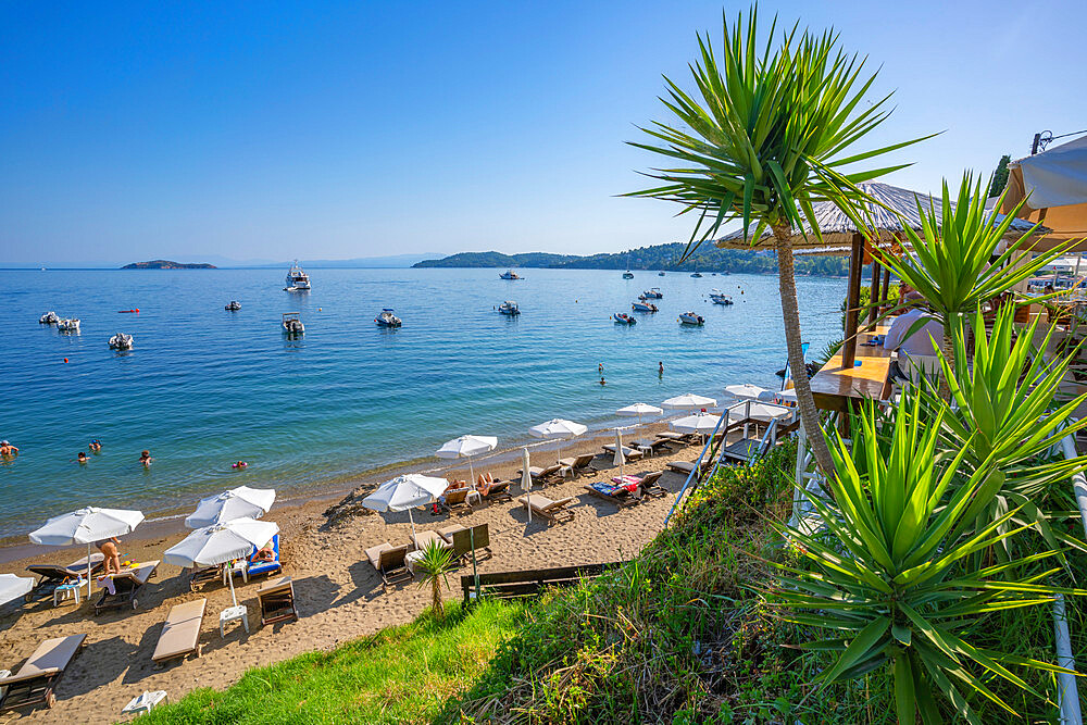 View of Paralia Megali Ammos in Skiathos Town, Skiathos Island, Sporades Islands, Greek Islands, Greece, Europe