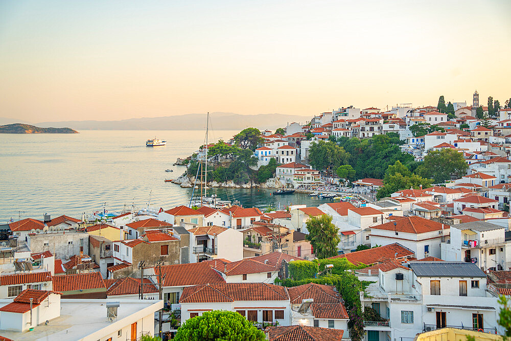 View of Skiathos Town from St. Nicholas Church at sunset, Skiathos Island, Sporades Islands, Greek Islands, Greece, Europe