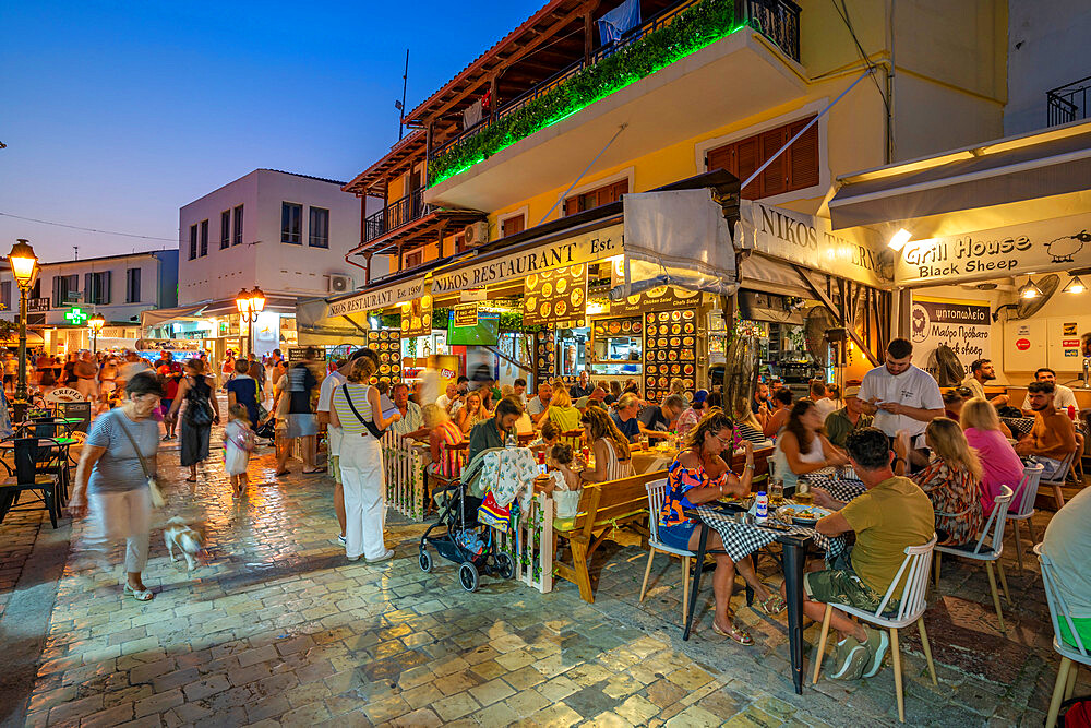 Busy street and nightlife in Skiathos Town, Skiathos Island, Sporades Islands, Greek Islands, Greece, Europe