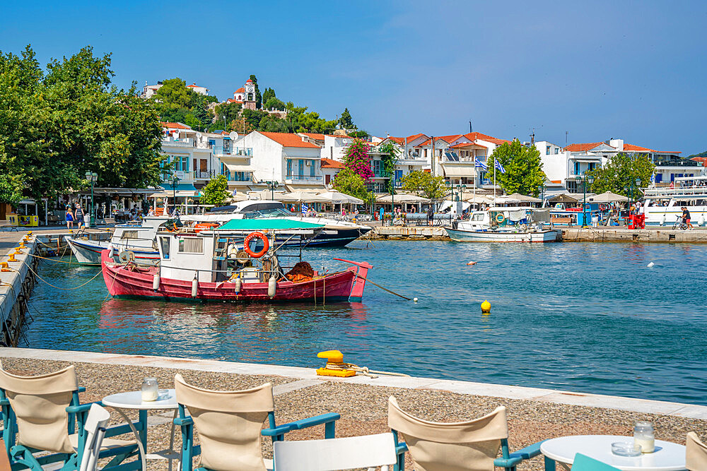 View of boats in Old Port, Skiathos Town, Skiathos Island, Sporades Islands, Greek Islands, Greece, Europe