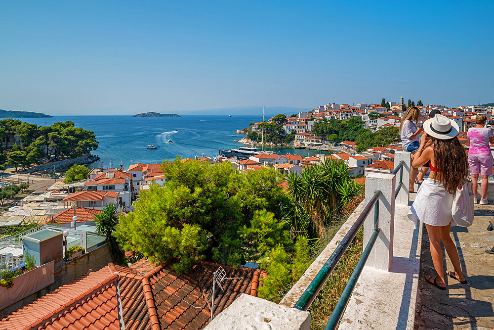 Visitors viewing the old town from above, Skiathos Town, Skiathos Island, Sporades Islands, Greek Islands, Greece, Europe