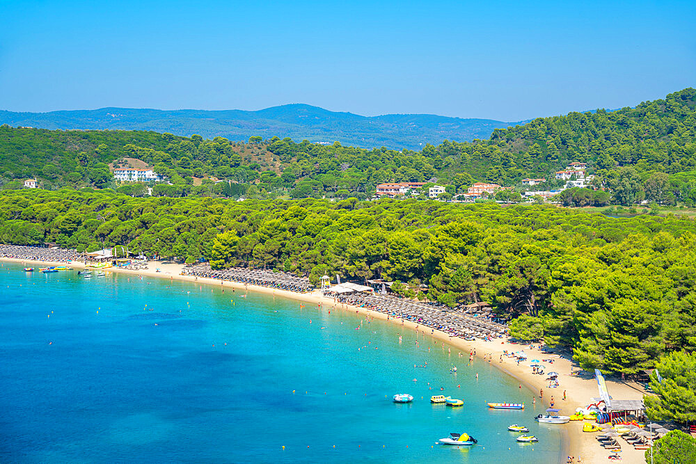 Aerial view of Koukounaries Beach, Skiathos Town, Skiathos Island, Sporades Islands, Greek Islands, Greece, Europe