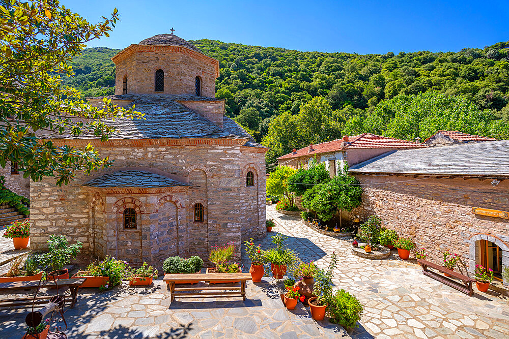 View of Moni Evaggelistrias Monastery, Skiathos Island, Sporades Islands, Greek Islands, Greece, Europe