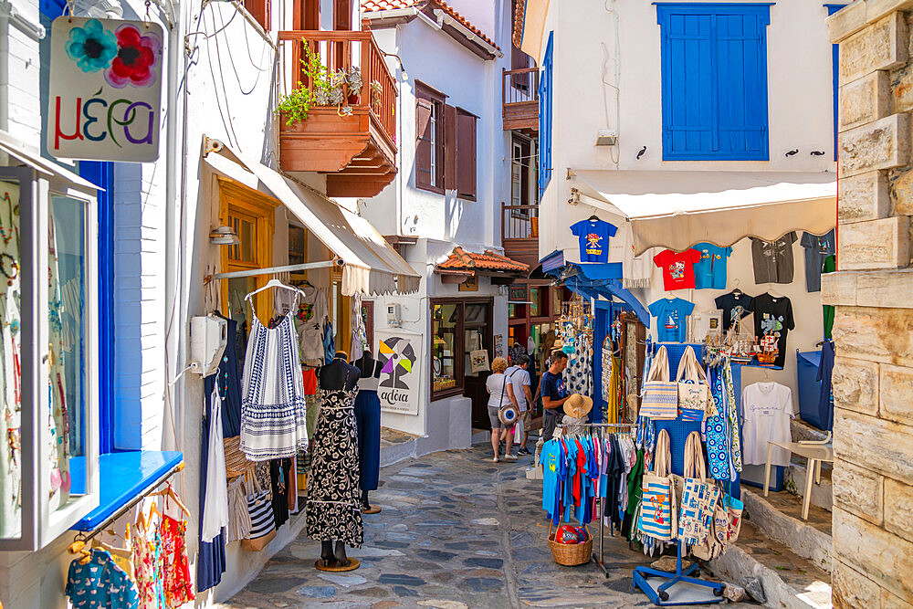 View of shops in narrow street, Skopelos Town, Skopelos Island, Sporades Islands, Greek Islands, Greece, Europe