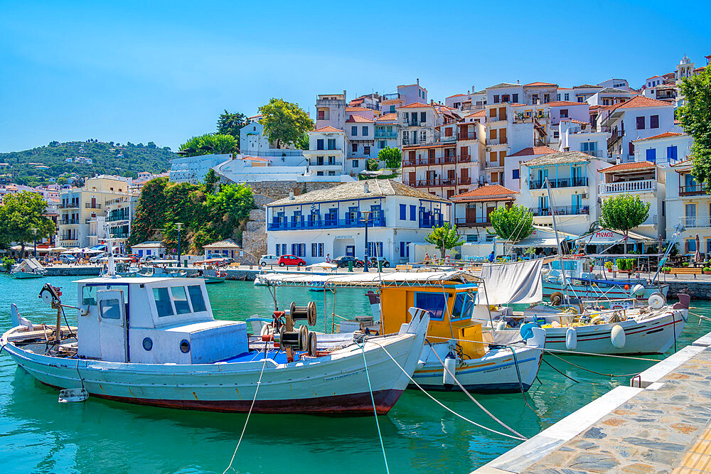 View of town overlooking the harbour, Skopelos Town, Skopelos Island, Sporades Islands, Greek Islands, Greece, Europe