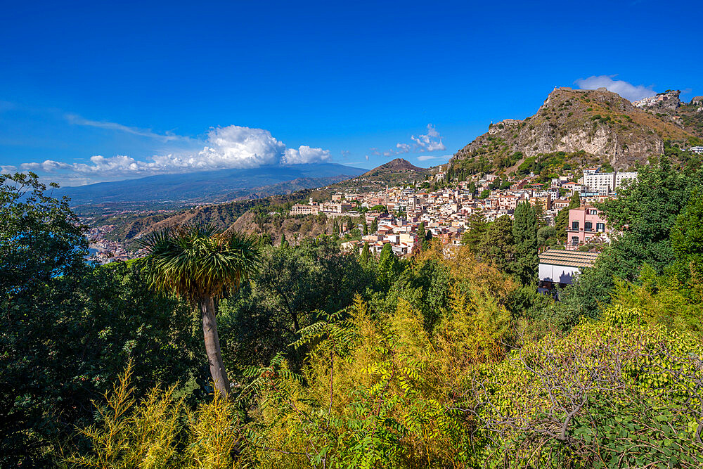 View of Taormina and Mount Etna from the Greek Theatre, Taormina, Sicily, Italy, Mediterranean, Europe