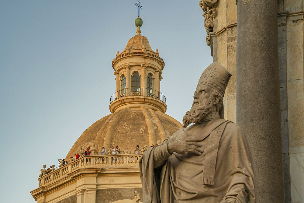 View of rotunda of Chiesa della Badia di Sant'Agata from Piazza Duomo at sunset, Catania, Sicily, Italy, Mediterranean, Europe