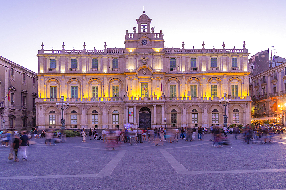 View of Palazzo Universita in Piazza dell'Universita (University) at dusk, Catania, Sicily, Italy, Mediterranean, Europe