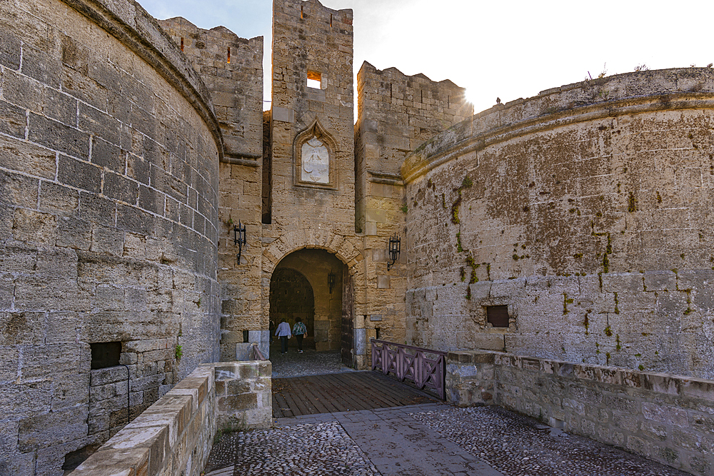 View of Gate of Amboise, Old Rhodes Town, UNESCO World Heritage Site, Rhodes, Dodecanese, Greek Islands, Greece, Europe