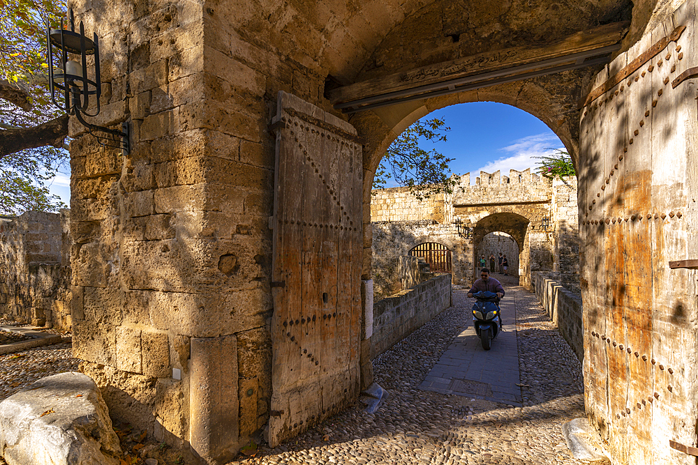 View of Gate of Amboise, Old Rhodes Town, UNESCO World Heritage Site, Rhodes, Dodecanese, Greek Islands, Greece, Europe