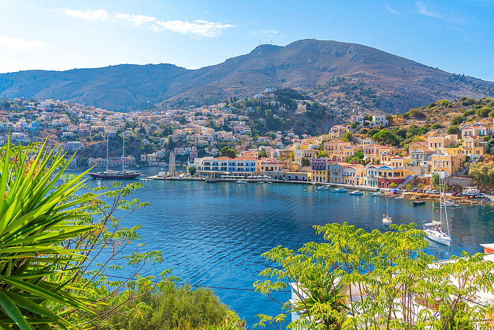 View of boats in harbour from elevated position, Symi Town, Symi Island, Dodecanese, Greek Islands, Greece, Europe