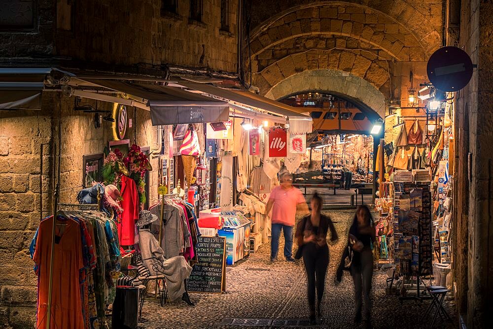 View of shops at night, Old Rhodes Town, UNESCO World Heritage Site, Rhodes, Dodecanese, Greek Islands, Greece, Europe