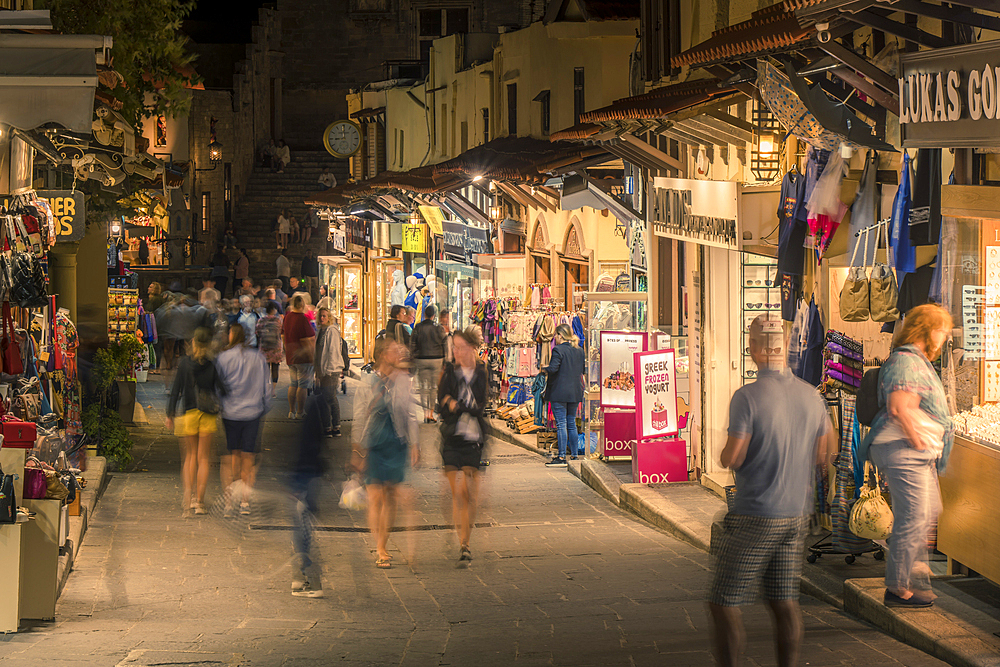 View of shops at night, Old Rhodes Town, UNESCO World Heritage Site, Rhodes, Dodecanese, Greek Islands, Greece, Europe