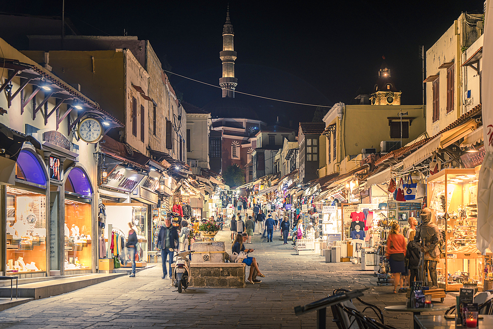 View of shops at night, Old Rhodes Town, UNESCO World Heritage Site, Rhodes, Dodecanese, Greek Islands, Greece, Europe