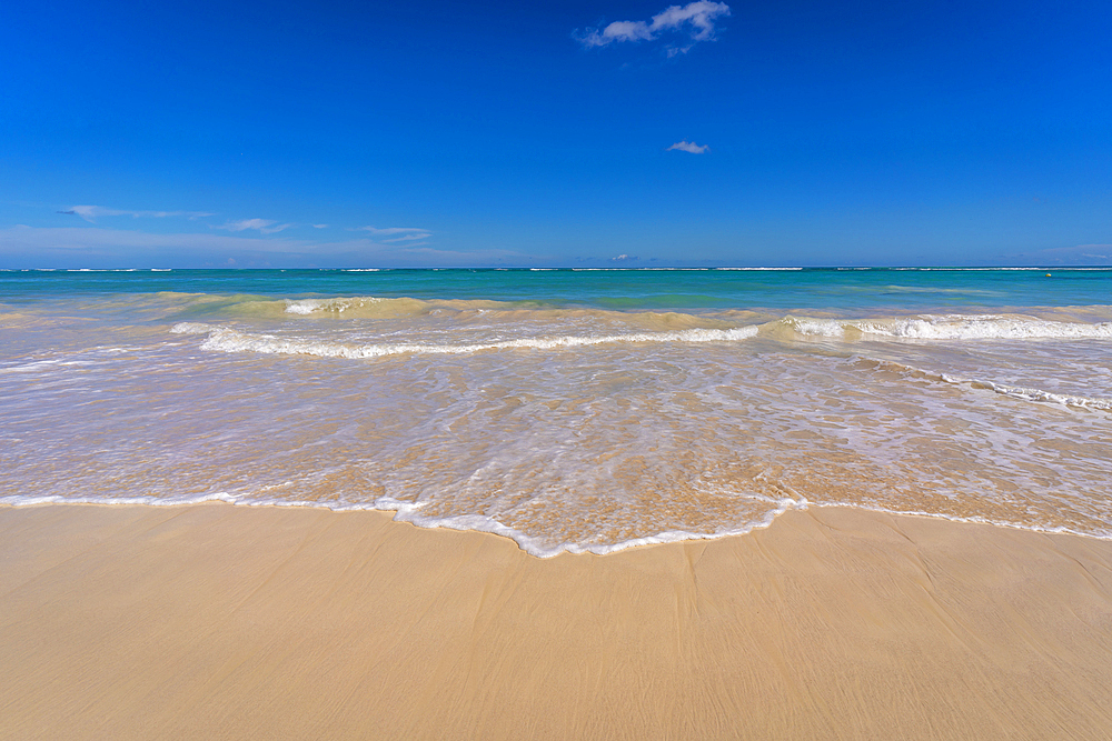 View of sand and sea at Bavaro Beach, Punta Cana, Dominican Republic, West Indies, Caribbean, Central America