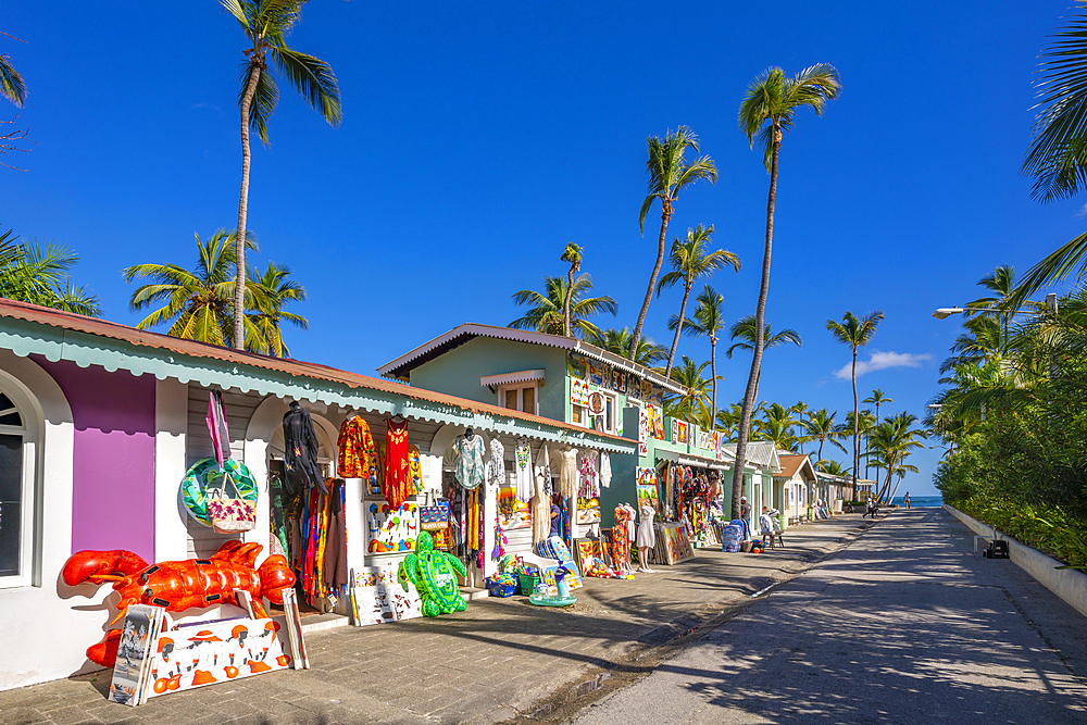 View of colourful shops on Bavaro Beach, Punta Cana, Dominican Republic, West Indies, Caribbean, Central America