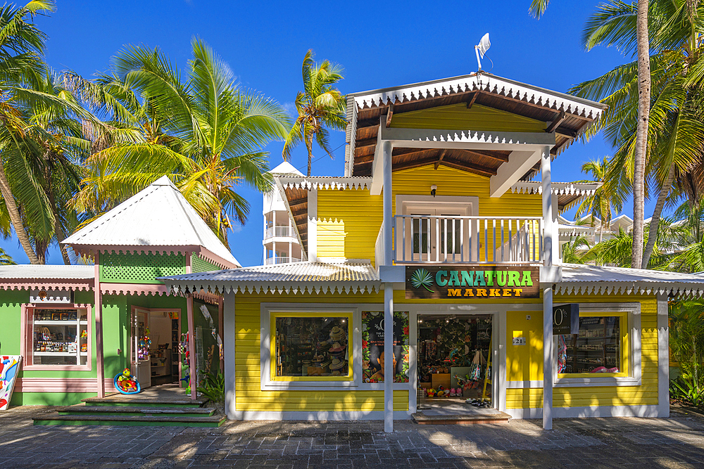 View of colourful shops on Bavaro Beach, Punta Cana, Dominican Republic, West Indies, Caribbean, Central America