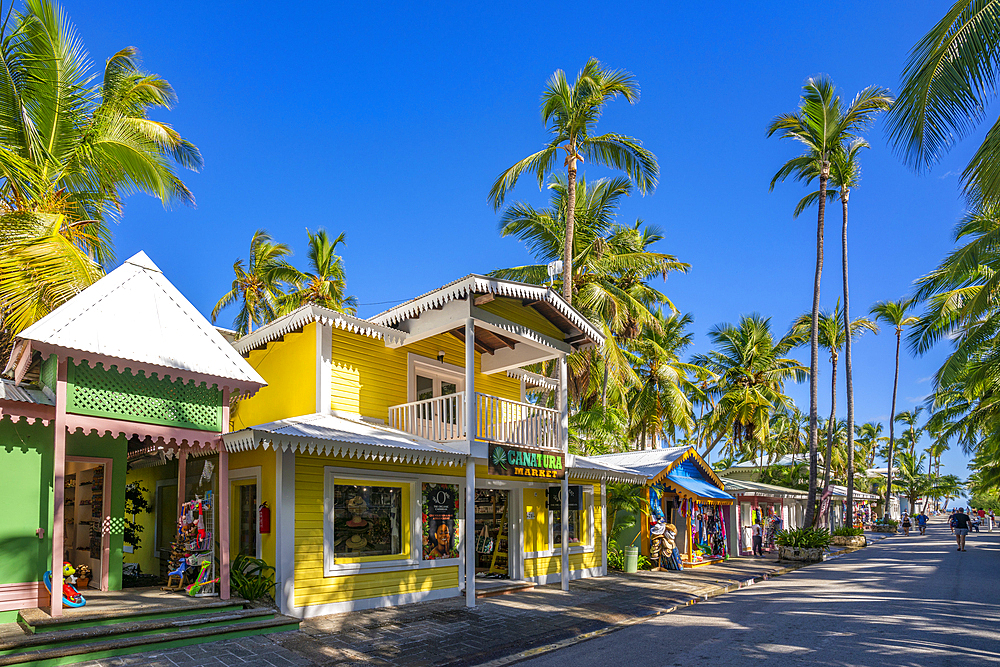 View of colourful shops on Bavaro Beach, Punta Cana, Dominican Republic, West Indies, Caribbean, Central America