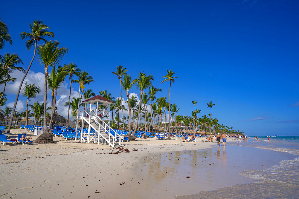 View of lifeguard tower and palm trees on Bavaro Beach, Punta Cana, Dominican Republic, West Indies, Caribbean, Central America