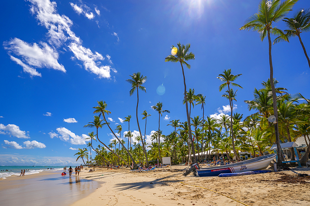 View of palm trees and sea at Bavaro Beach, Punta Cana, Dominican Republic, West Indies, Caribbean, Central America