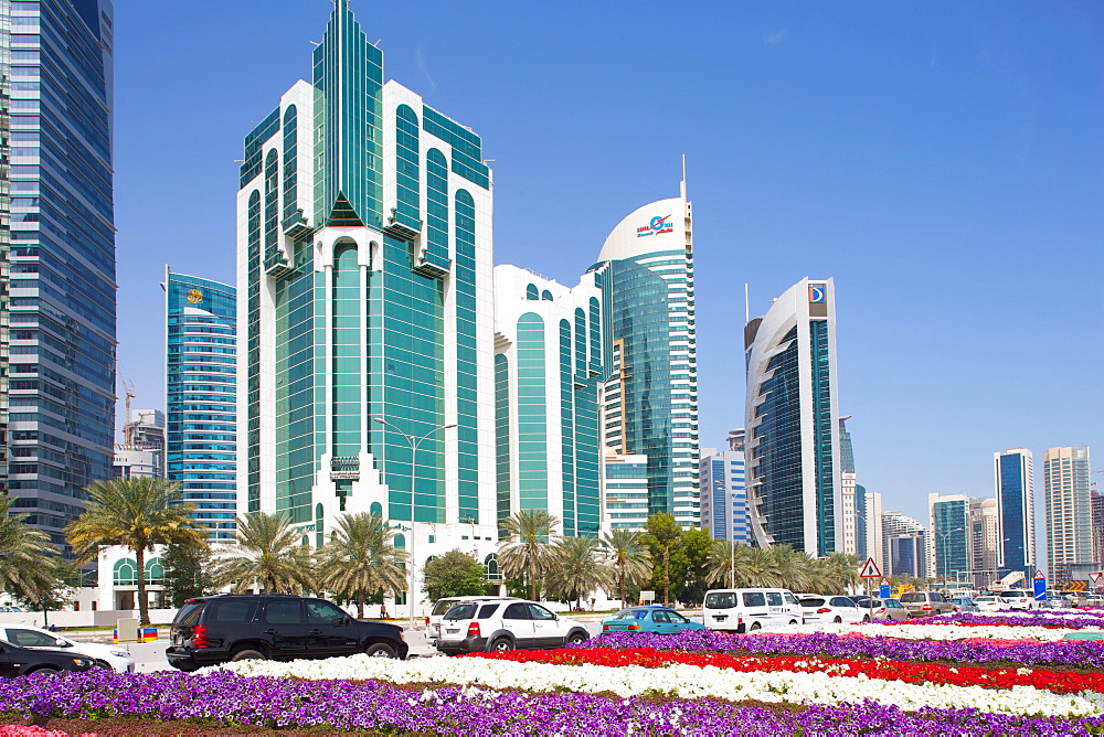 City Centre buildings and Corniche traffic, Doha, Qatar, Middle East 